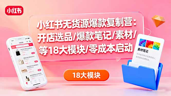 小红书无货源爆款复制营:开店选品/爆款笔记/素材/等18大模块/零成本启动Windows-安卓-Mac-ios-实用-破解-软件-资源-教程-分享-资源鱼