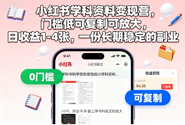 小红书学科资料变现营,门槛低可复制可放大,日收益1-4张,一份长期稳定的副业Windows-安卓-Mac-ios-实用-破解-软件-资源-教程-分享-资源鱼