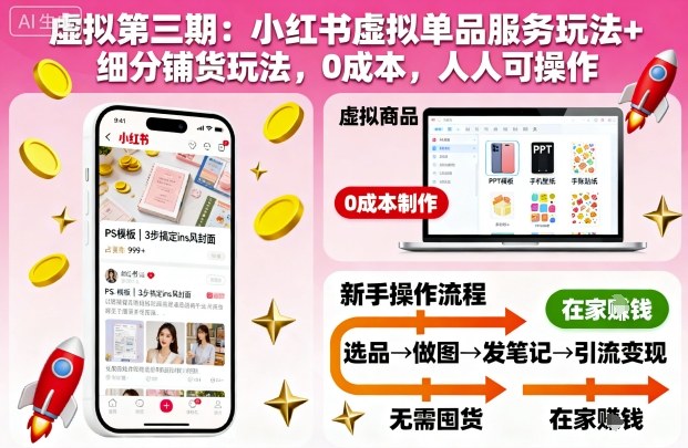 虚拟第三期：小红书虚拟单品服务玩法+细分铺货玩法，0成本，人人可操作Windows-安卓-Mac-ios-实用-破解-软件-资源-教程-分享-资源鱼